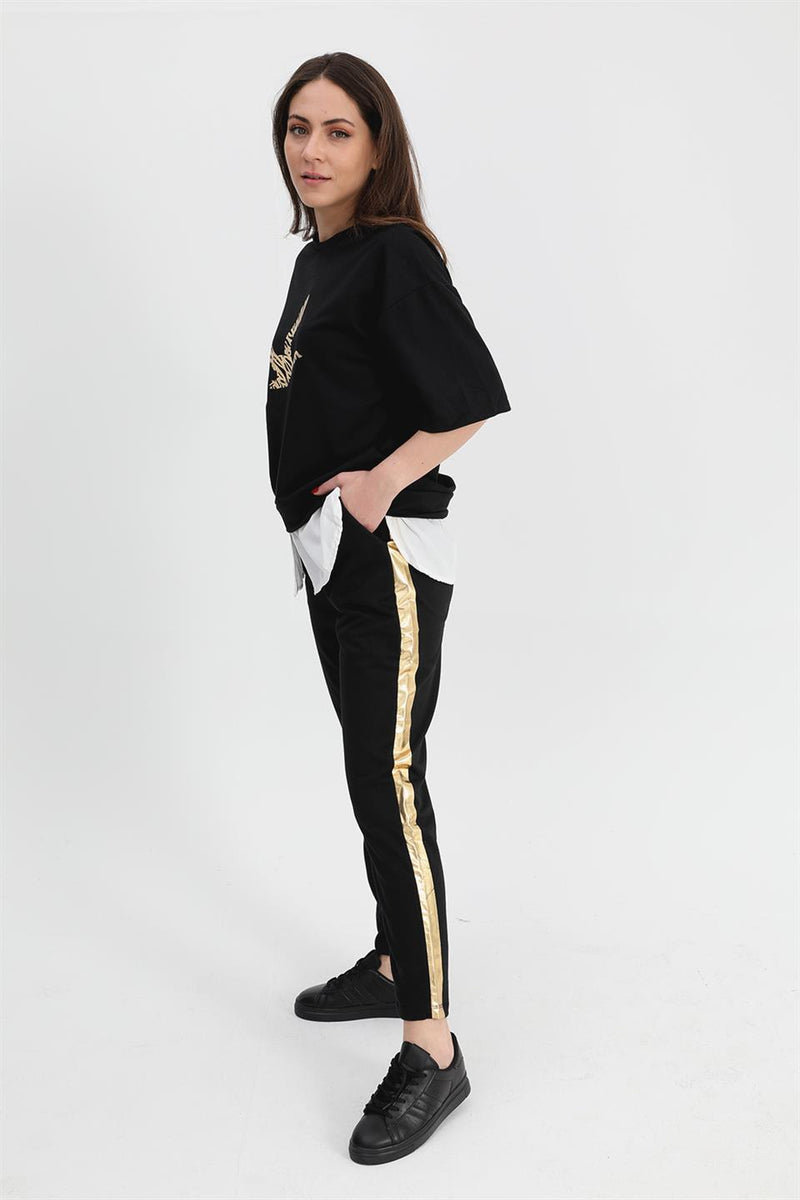 Women's Suit Skirt Grass Bird Printed Elastic Waist T-shirt Trousers - Black - STREET MODE ™
