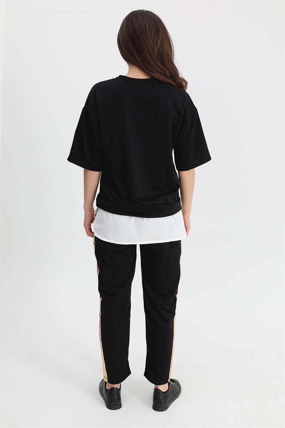 Women's Suit Skirt Grass Bird Printed Elastic Waist T-shirt Trousers - Black - STREET MODE ™
