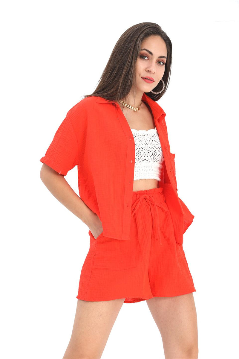 Women's Suit Muslin Shirt Shorts - Orange - STREET MODE ™
