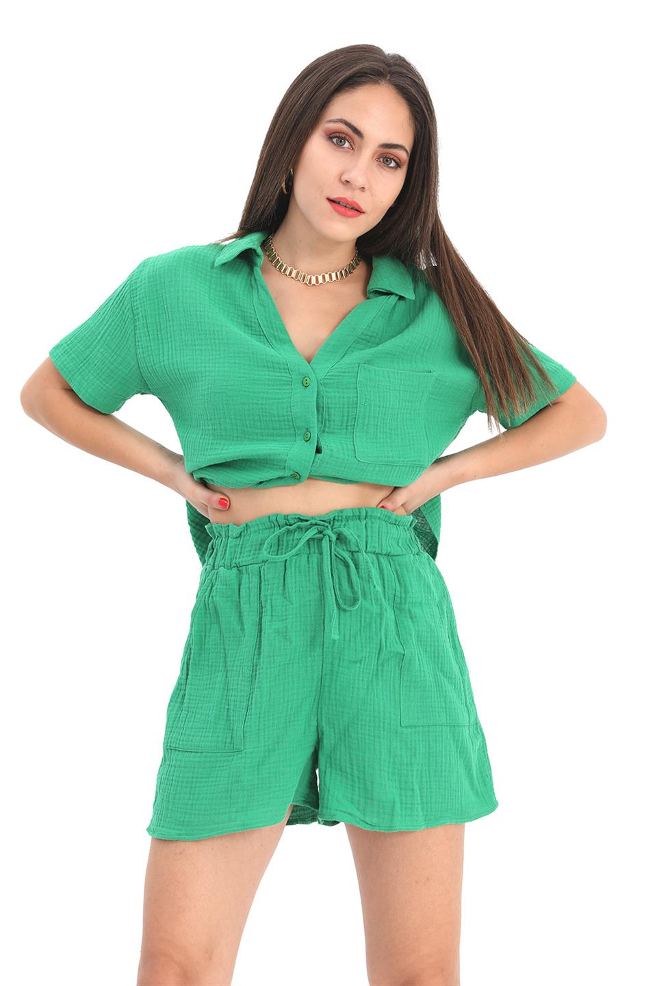 Women's Suit Muslin Shirt Shorts - Green - STREET MODE ™