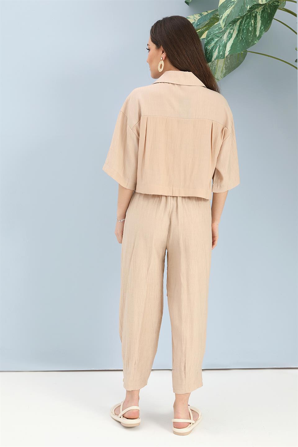 Women's Suit Embroidery Detailed Viscose Shirt Pants - Beige - STREETMODE ™