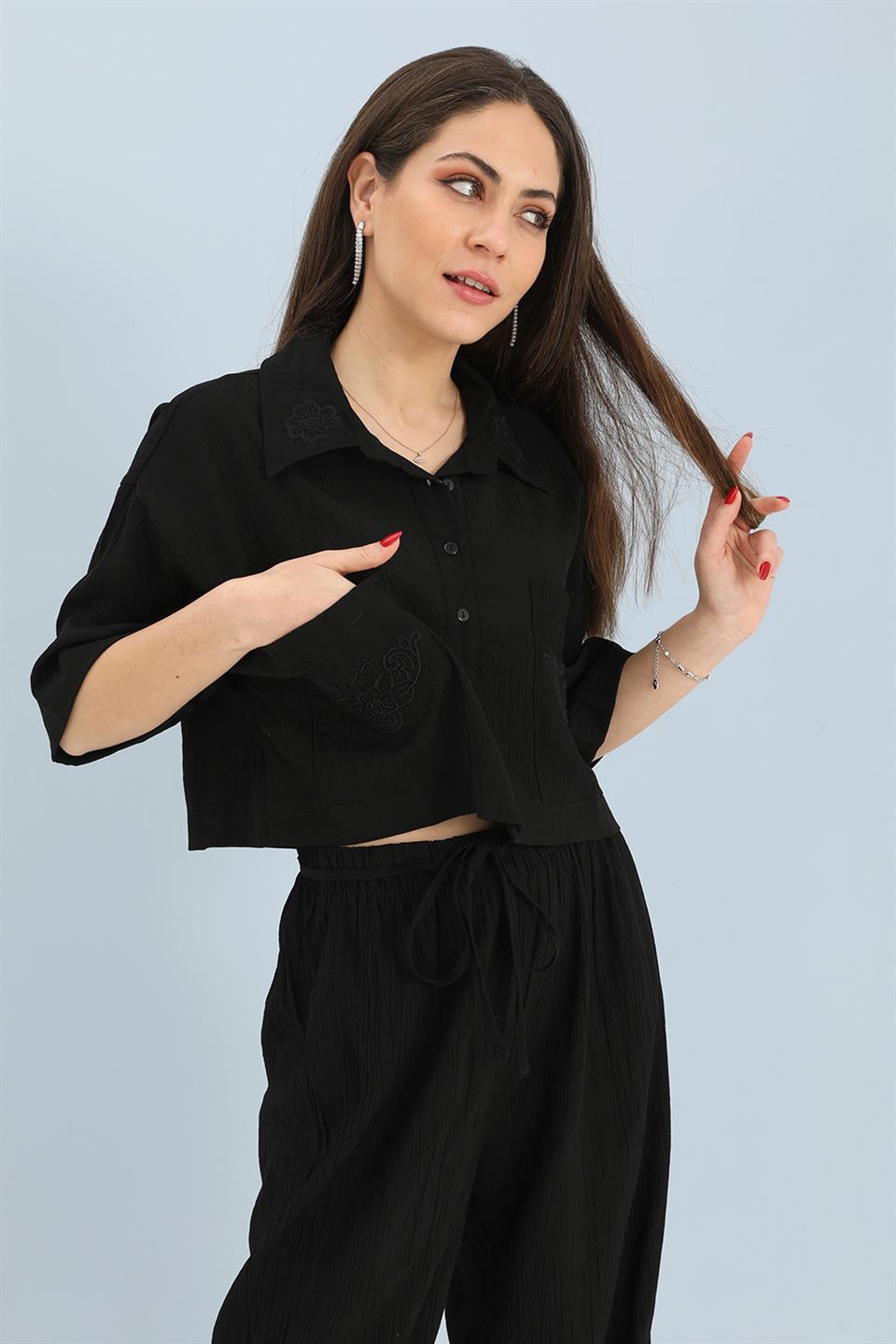 Women's Suit Embroidery Detailed Viscose Shirt Pants - Black - STREET MODE ™