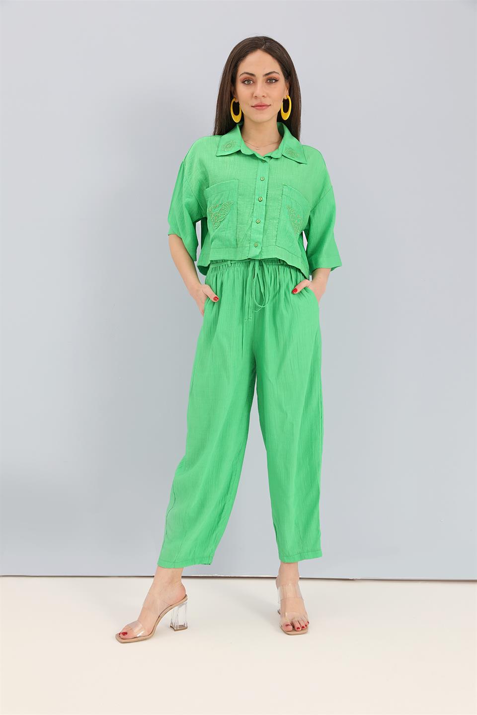 Women's Suit Embroidery Detailed Viscose Shirt Pants - Green - STREET MODE ™