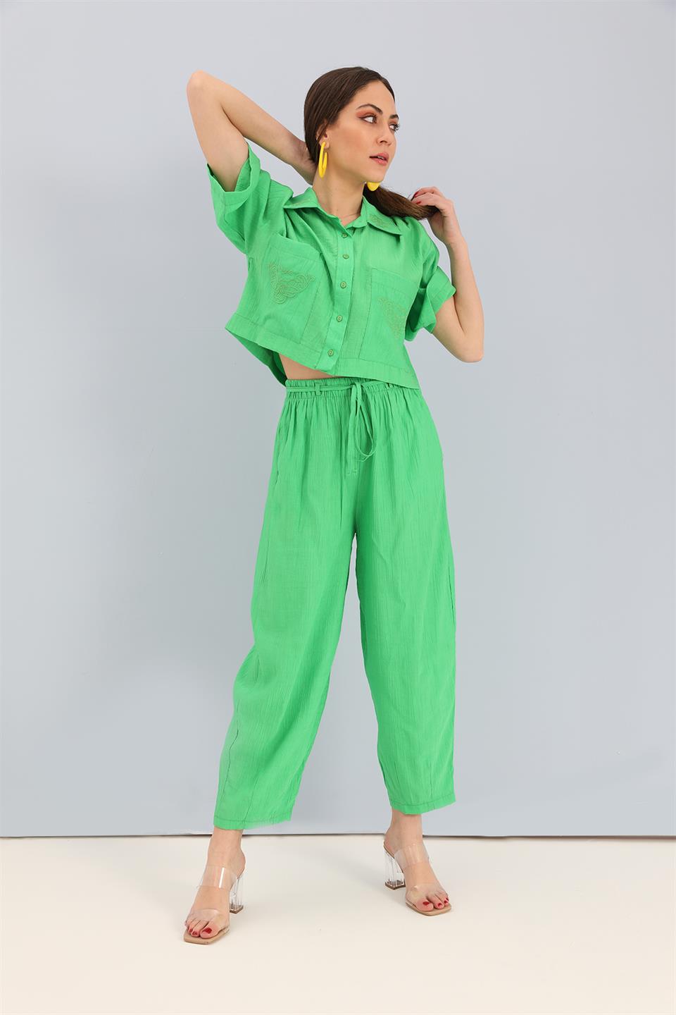 Women's Suit Embroidery Detailed Viscose Shirt Pants - Green - STREET MODE ™