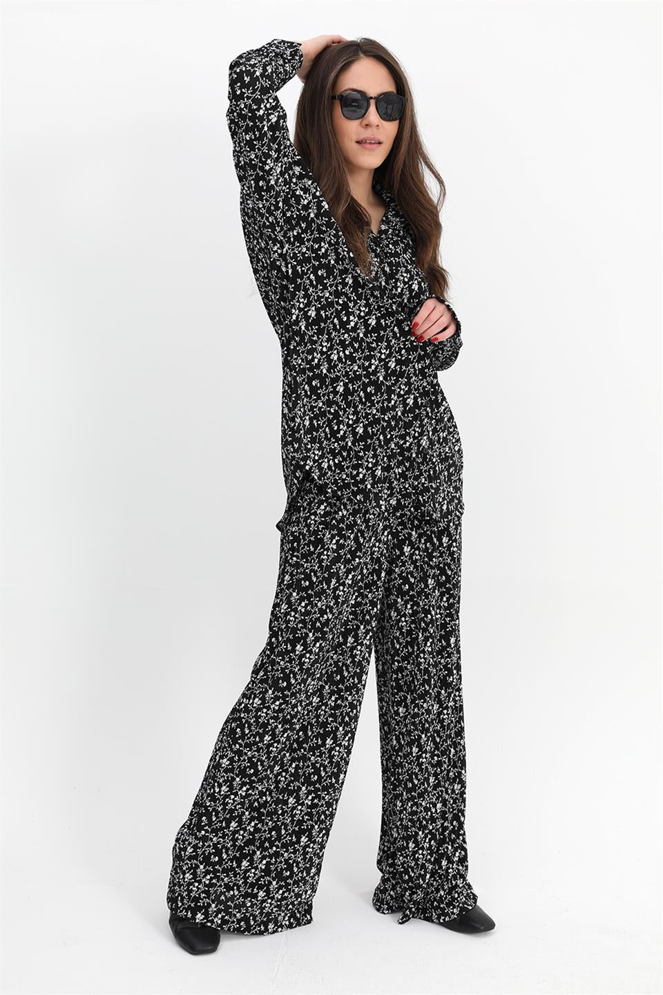 Women's Suit Pleated Knitted Floral Pattern - Black - STREET MODE ™