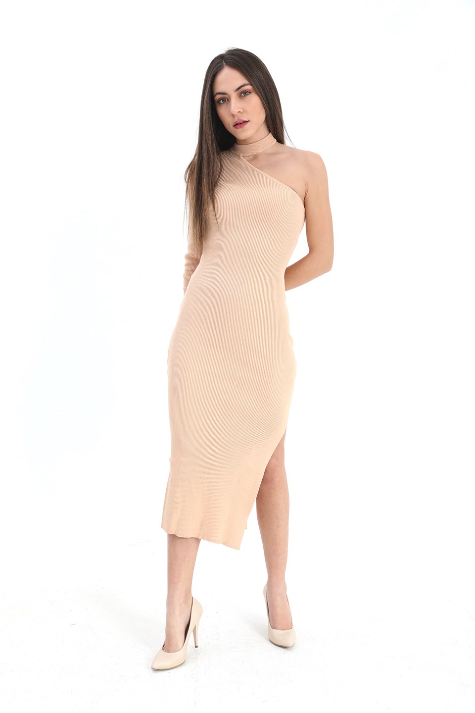 Women's One-Shoulder Sweater Dress - Camel - STREETMODE ™