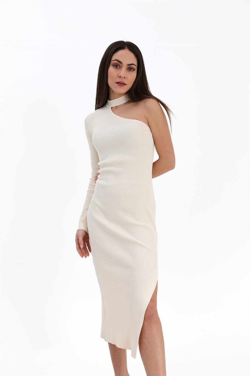 Women's One-Shoulder Sweater Dress - Ecru - STREETMODE ™