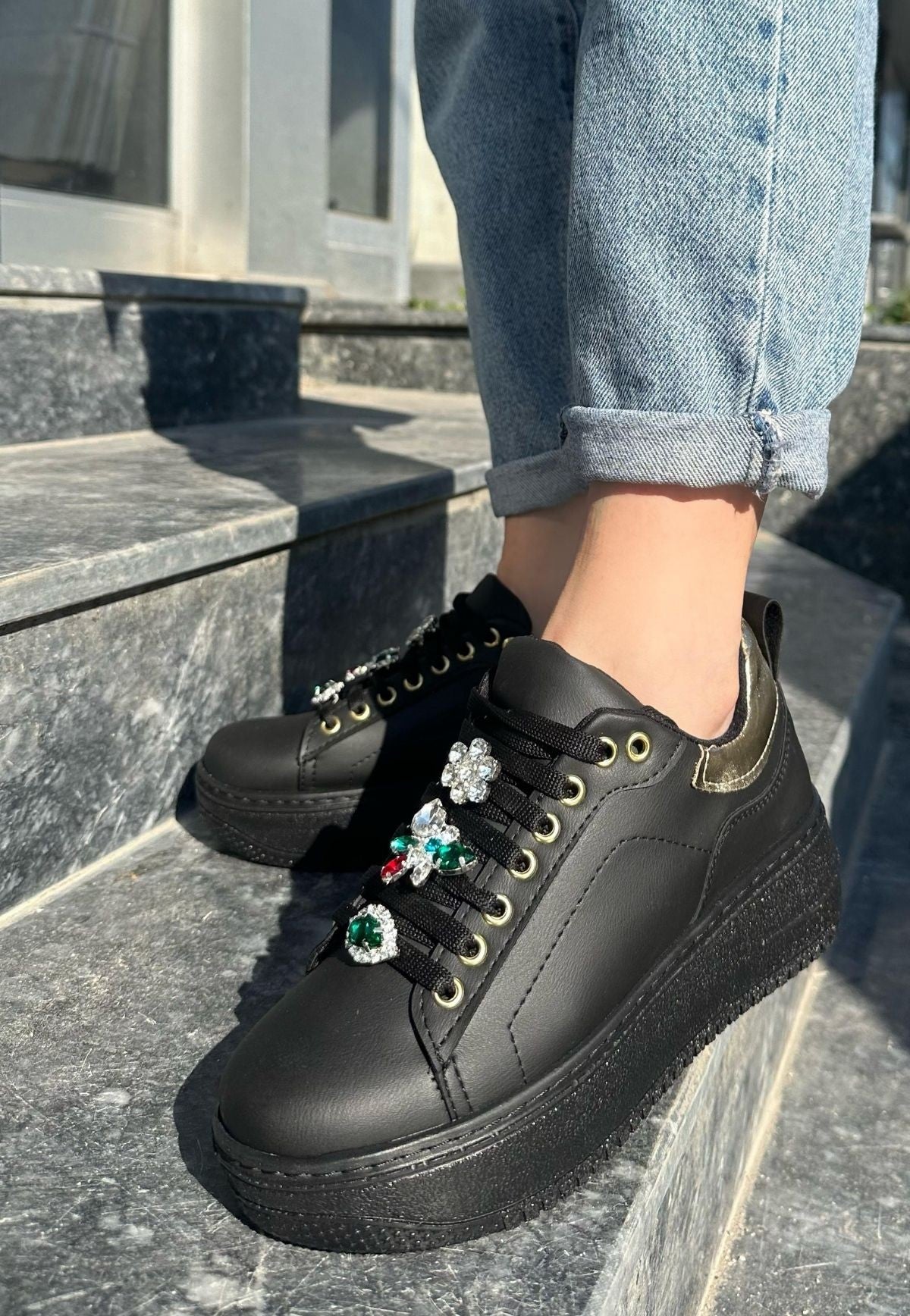 Women's Tenyo Black Skin Stone Laced Sports Shoes - STREETMODE ™