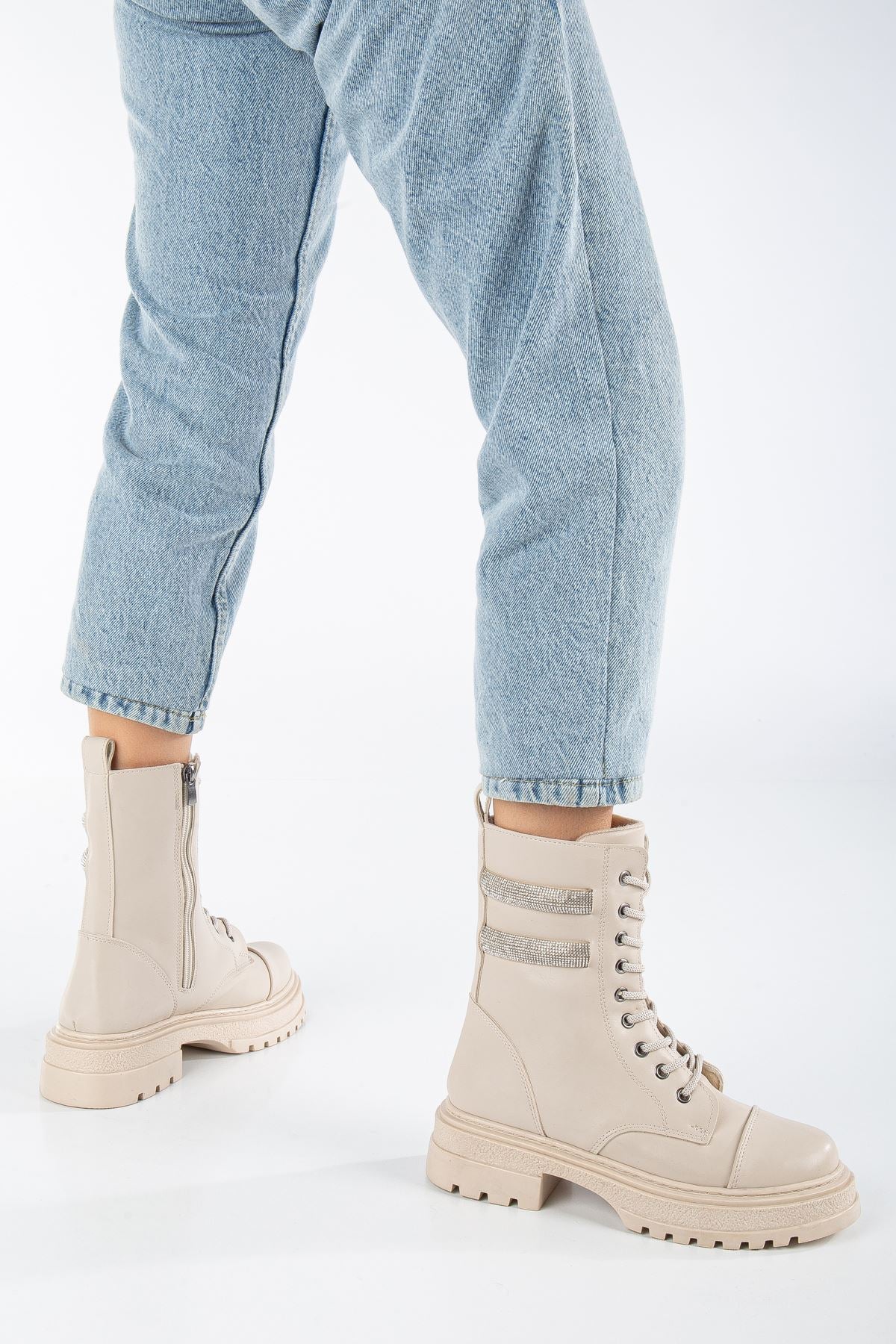 Cream Skin Stone Detailed Lace-Up Women's Boots