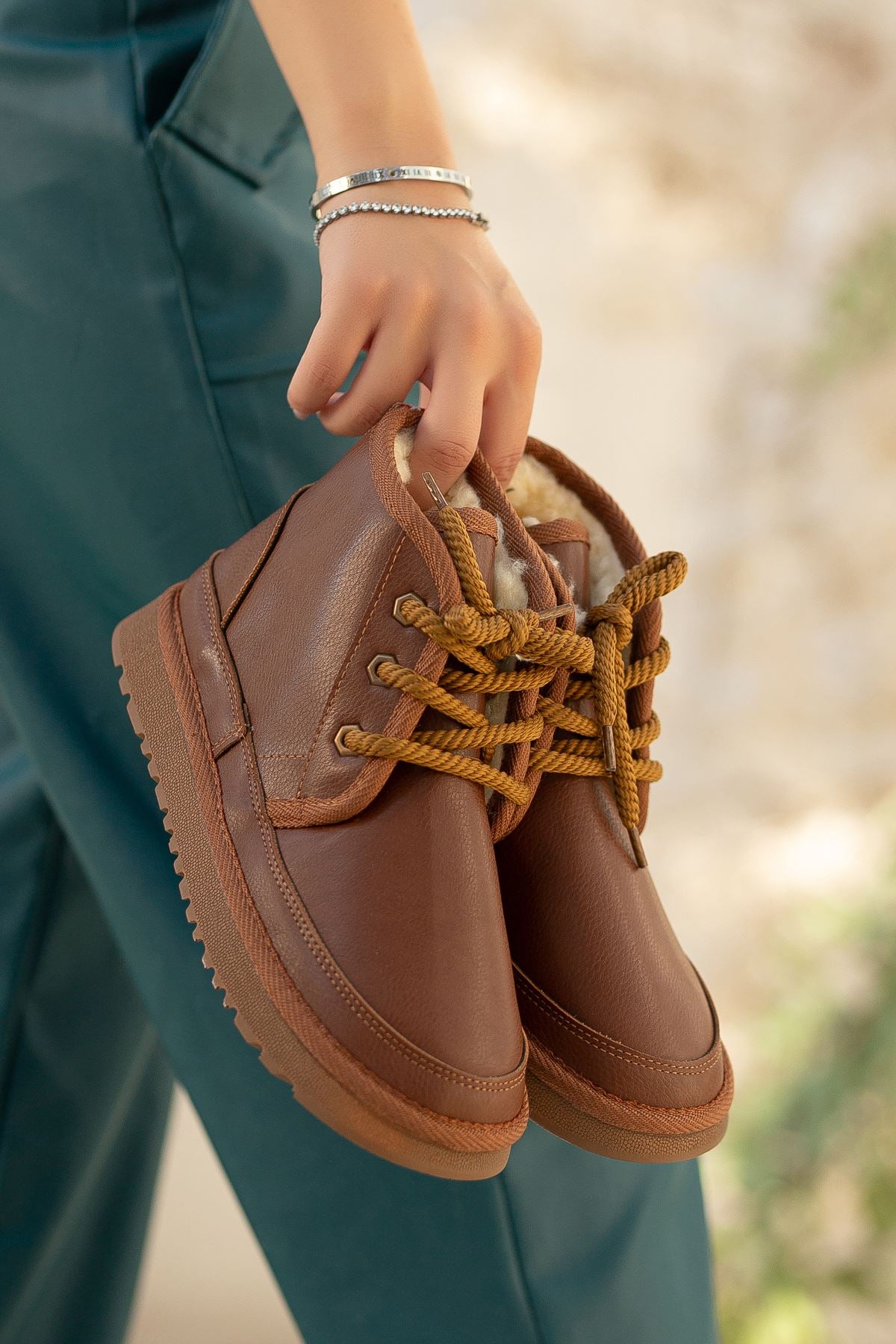 Women's Brown Leather Thick Soled Lace-Up Ankle Boots