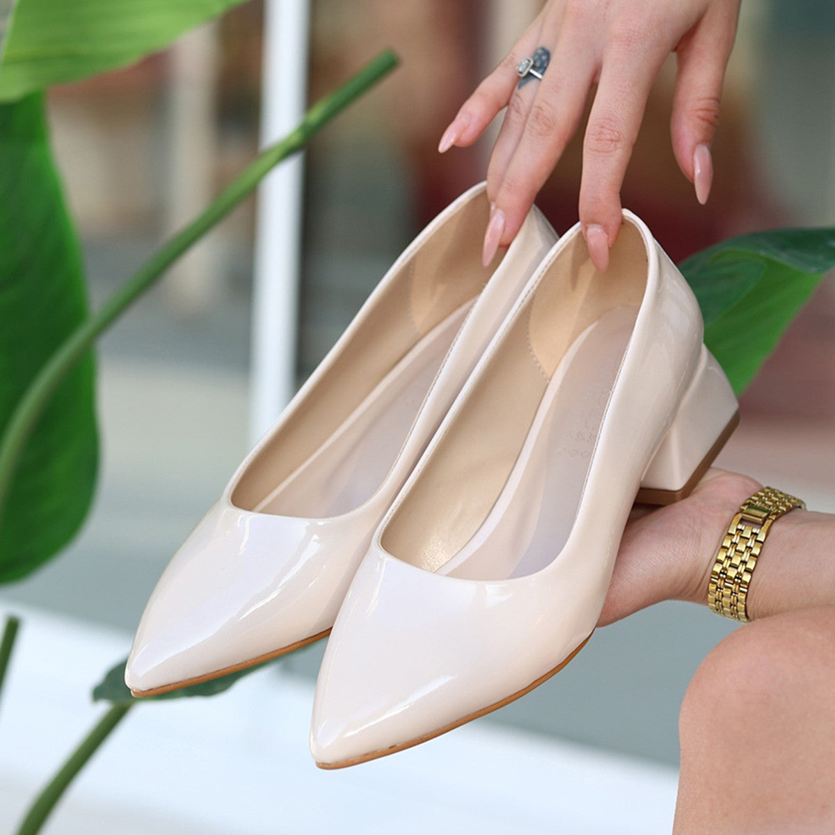 Women's Tinda Beige Patent Leather Heeled Shoes - STREETMODE ™
