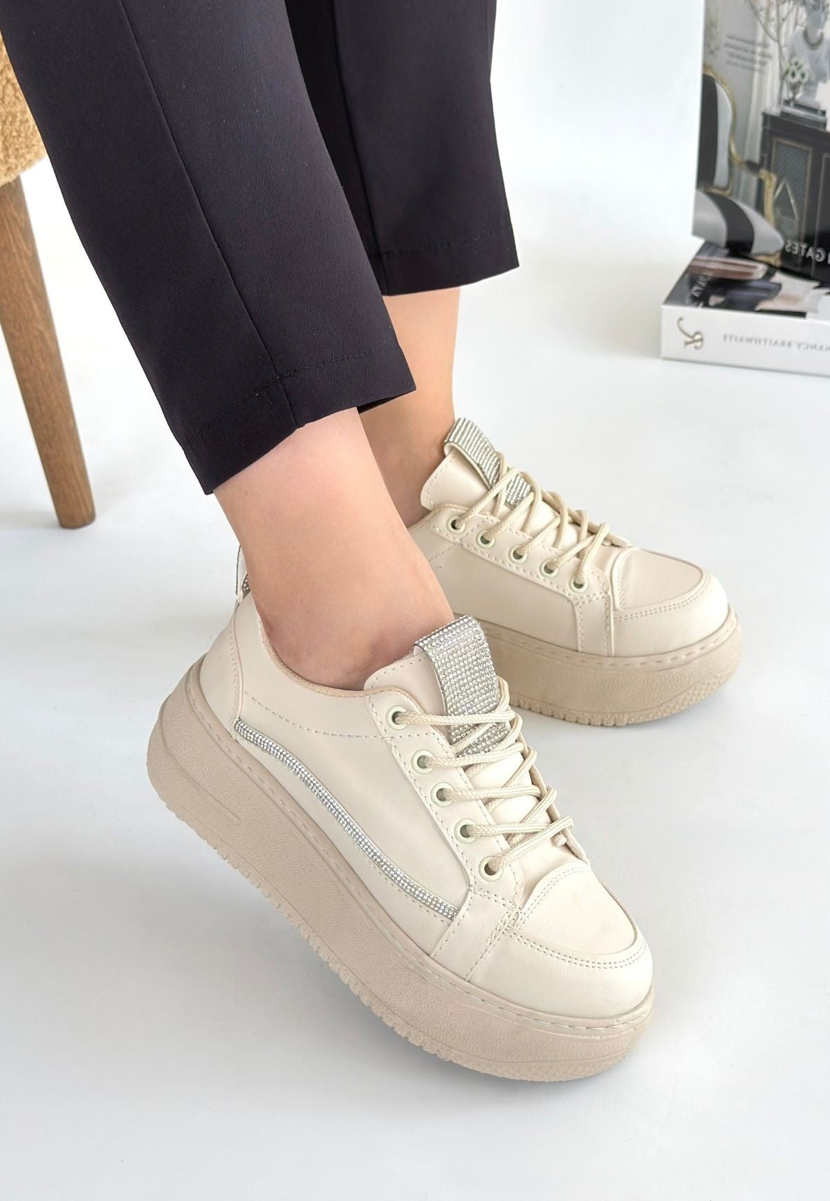 Women's Beige Leather Lace-Up Sneakers - STREETMODE ™