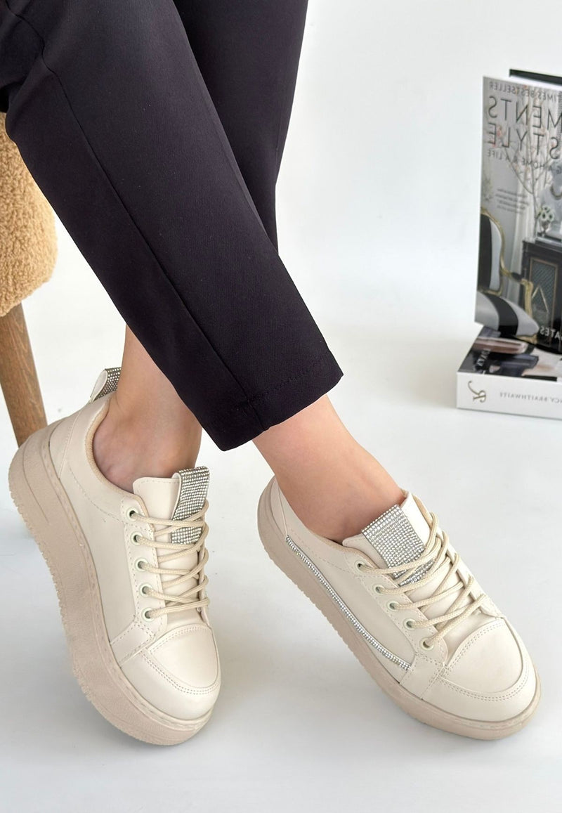 Women's Beige Leather Lace-Up Sneakers - STREETMODE ™