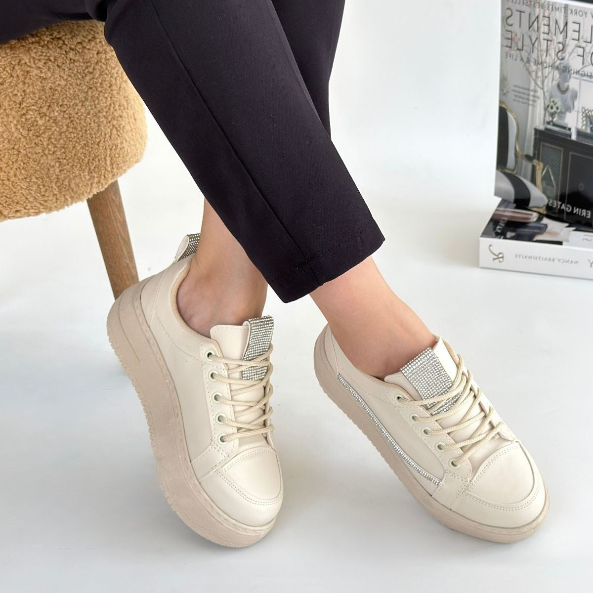 Women's Beige Leather Lace-Up Sneakers - STREETMODE ™