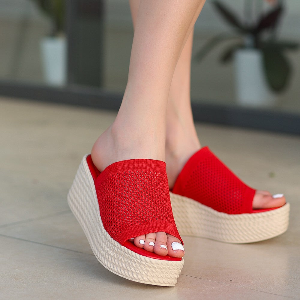Women's Tiona Red Knitwear Wedge Heel Slippers - STREETMODE ™