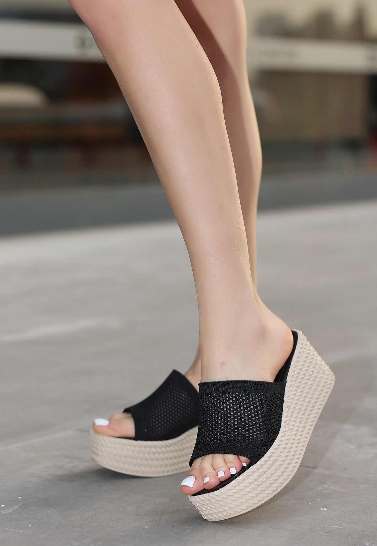 Women's Tiona Black Knitwear Wedge Heel Slippers - STREETMODE ™