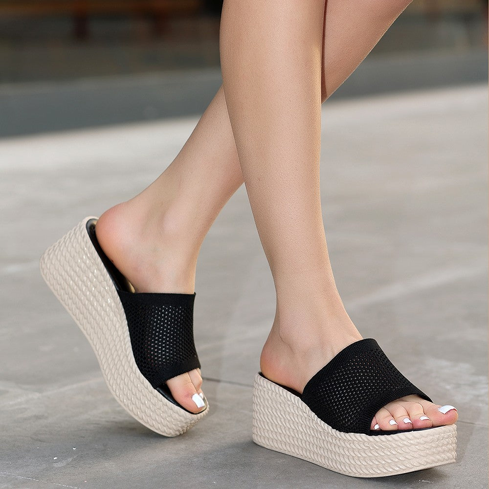 Women's Tiona Black Knitwear Wedge Heel Slippers - STREETMODE ™