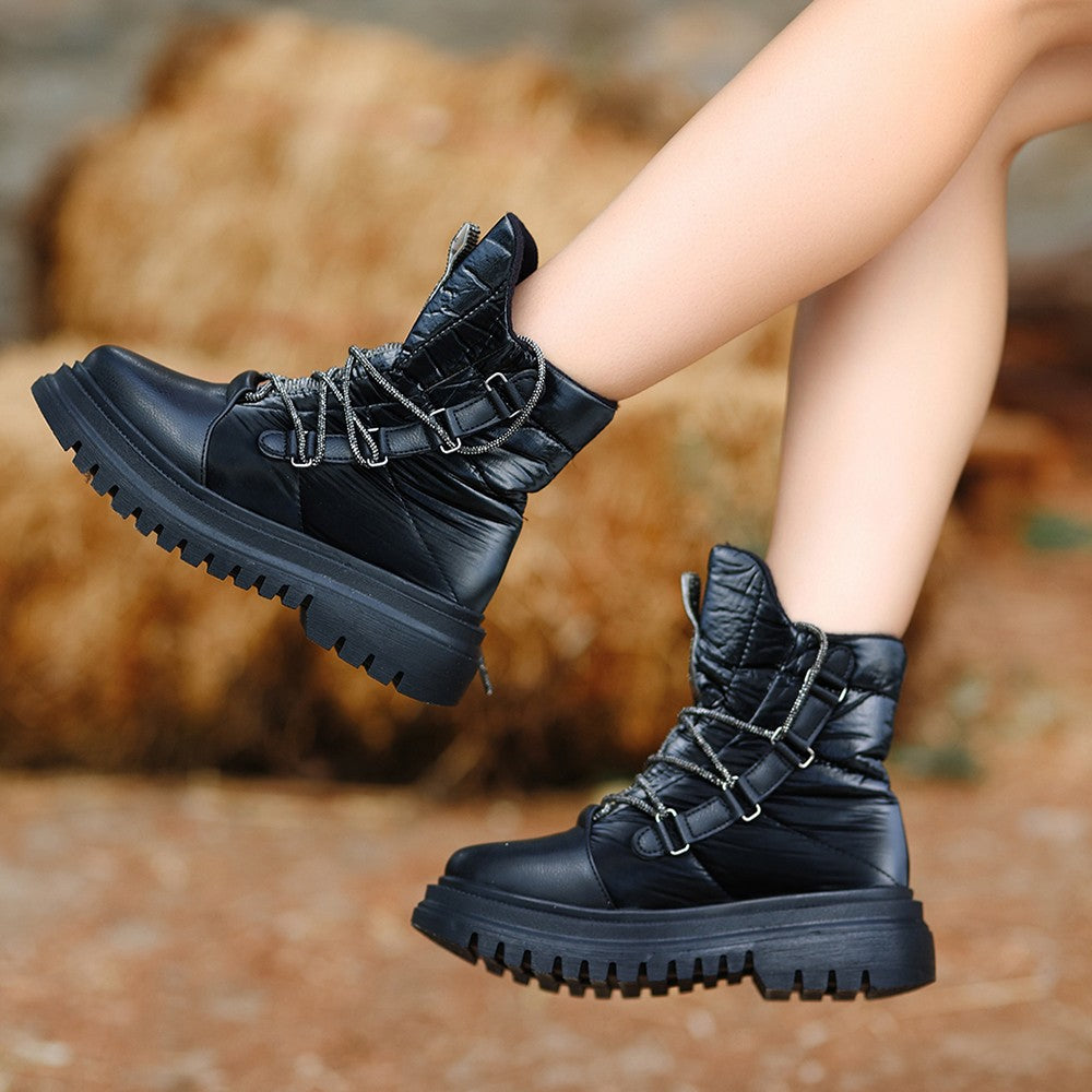 Women's Toina Black Leather Snow Boots - STREETMODE ™