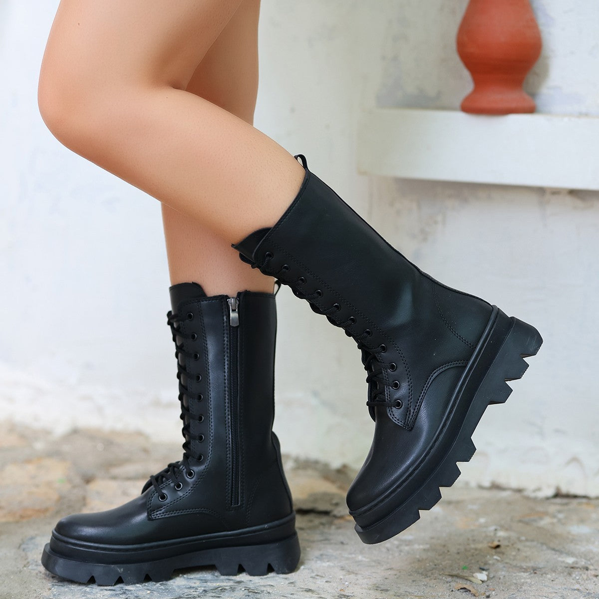 Women's Toir Black Skin Lace Up Boots - STREETMODE ™