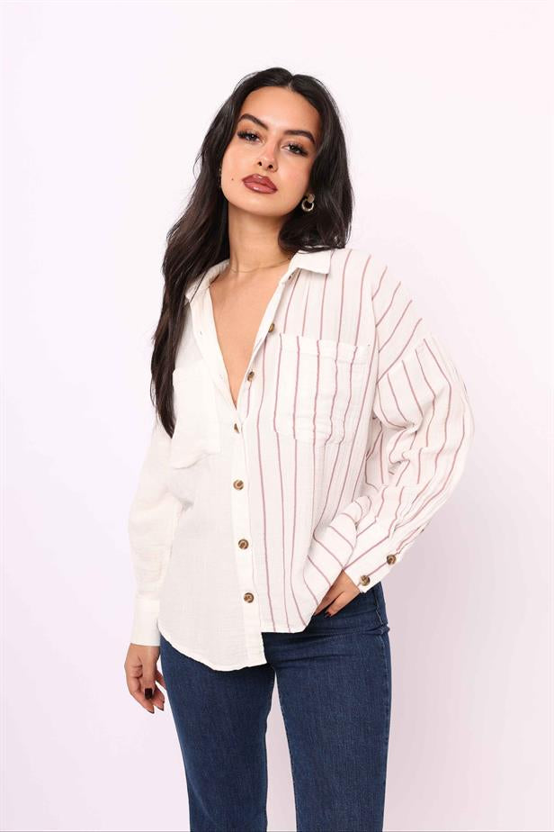 Women's Buttoned Back Striped Shirt Brown - STREETMODE ™