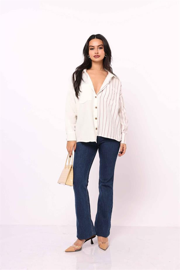Women's Buttoned Back Striped Shirt Brown - STREETMODE ™