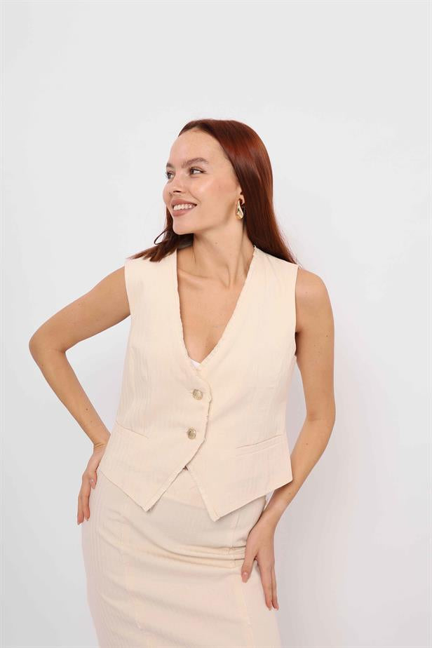 Women's Back Belted Linen Vest Cream - STREETMODE ™