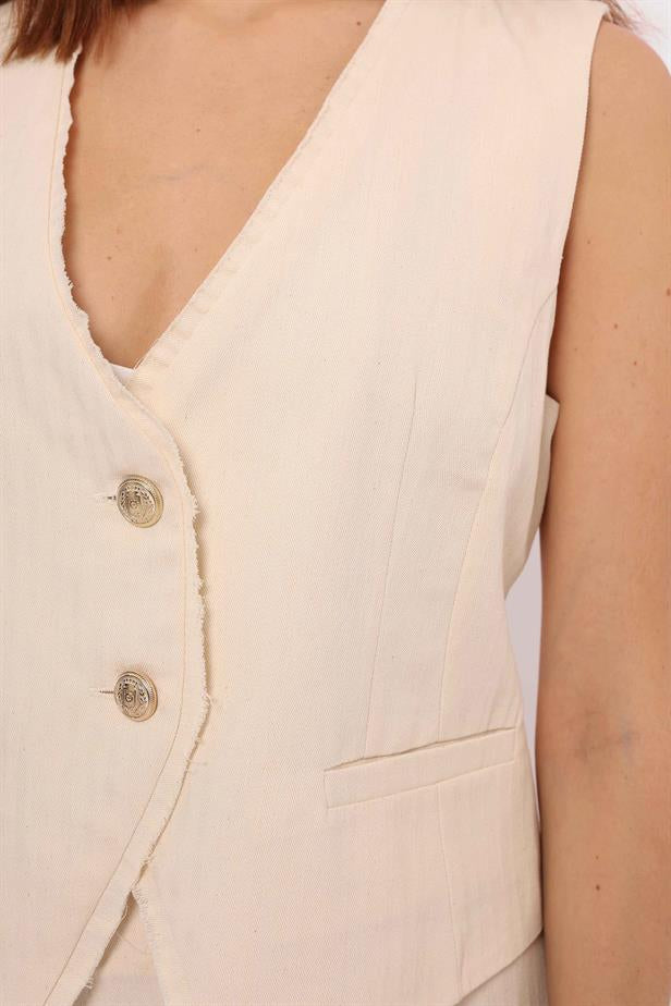 Women's Back Belted Linen Vest Cream - STREETMODE ™