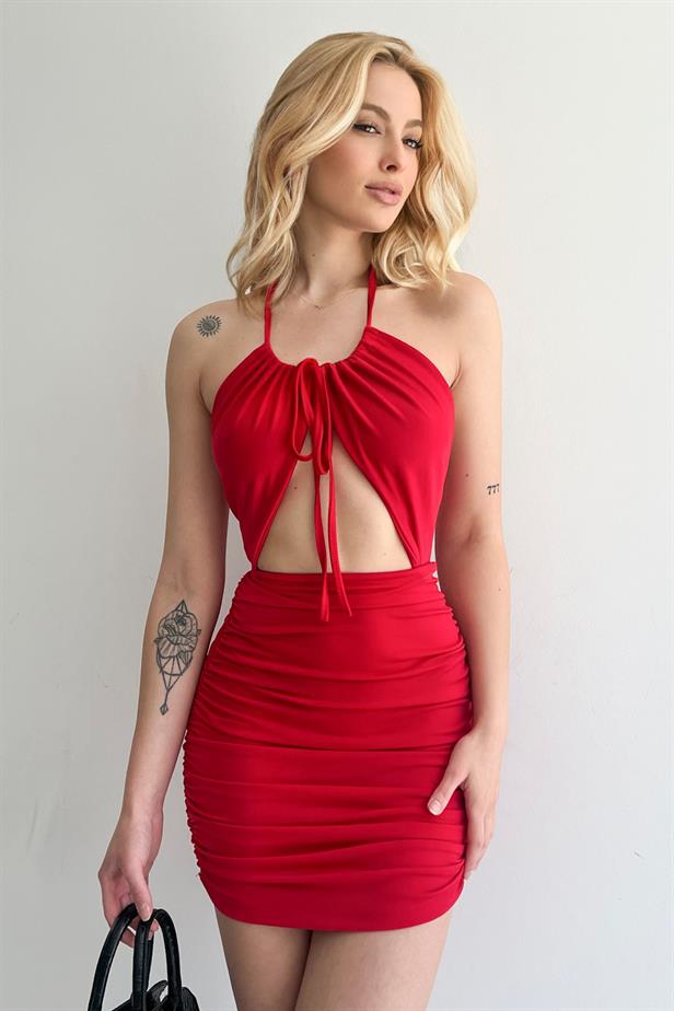 Women's Cross Back Side Gathered Dress Red - STREETMODE ™
