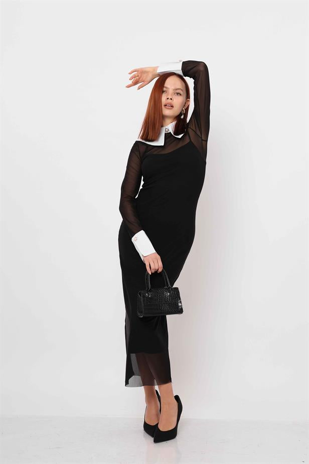 Women's Lined Dress with Removable Sleeves and Collar Black - STREETMODE ™