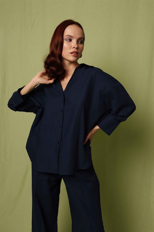 Women's Basic Loose Shirt Navy Blue - STREETMODE ™