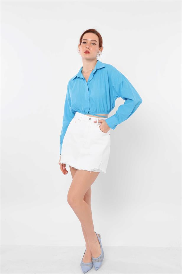 Women's Elastic Waist Crop Shirt Blue - STREETMODE ™