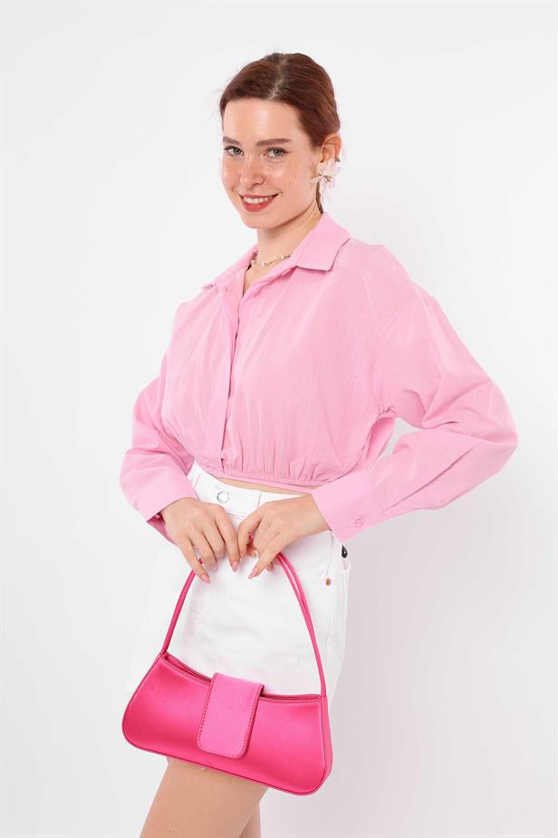 Women's Ptan Elastic Waist Crop Shirt Pink - STREETMODE ™