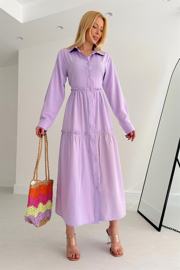 Women's All-over Button Shirt Dress Lilac - STREETMODE ™