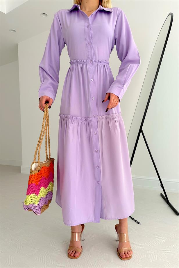 Women's All-over Button Shirt Dress Lilac - STREETMODE ™