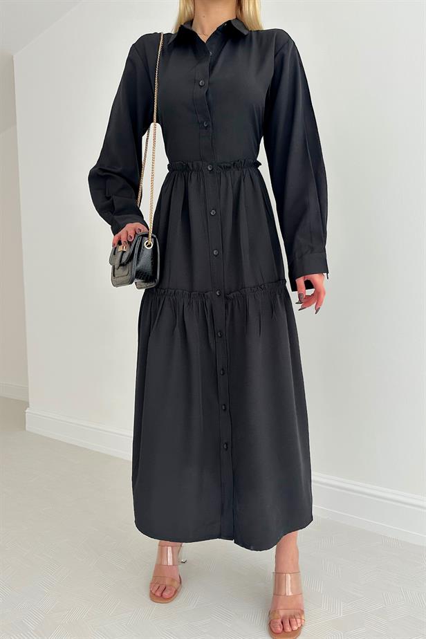 Women's All-over Button Shirt Dress Black - STREETMODE ™