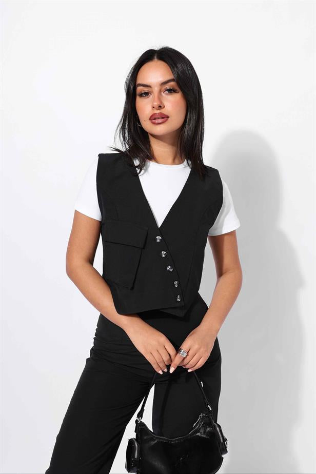 Women's Cross Buttoned Vest Black - STREETMODE ™
