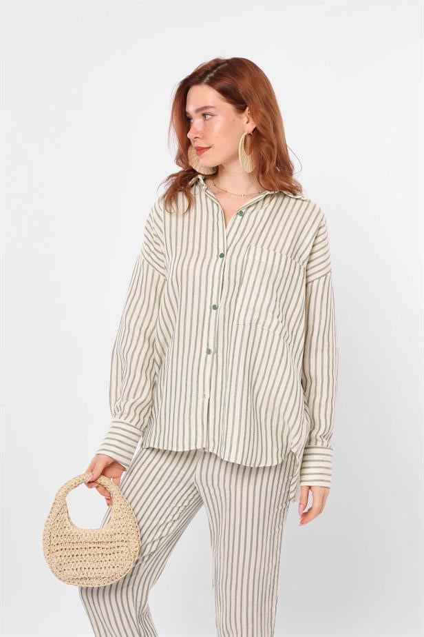 Women's Pocket Detailed Striped Shirt Beige Green