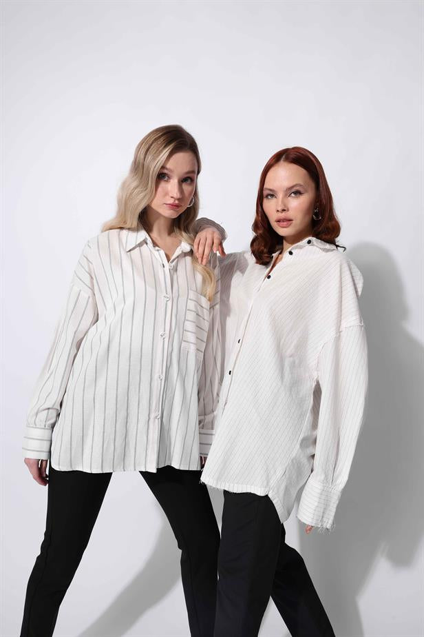 Women's Pocket Detailed Striped Shirt White - STREETMODE ™