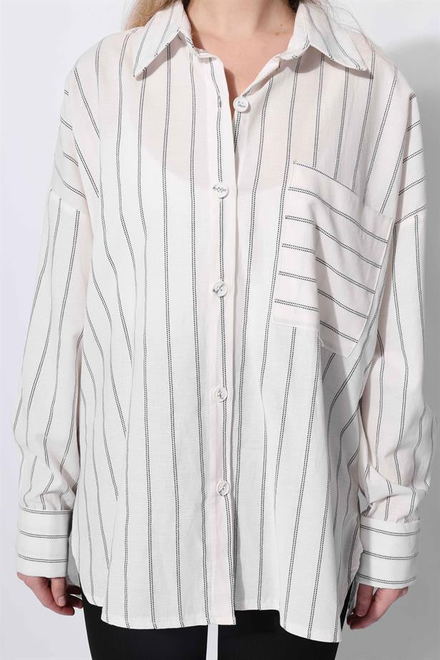 Women's Pocket Detailed Striped Shirt White - STREETMODE ™