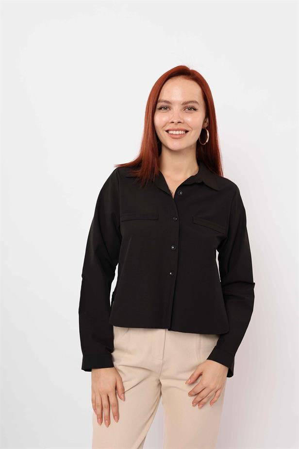 Women's Pocket Fancy Shirt Black - STREETMODE ™