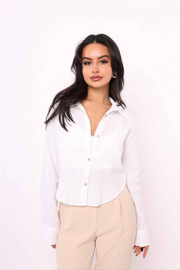 Women's Stripe Detail Crop Shirt White - STREETMODE ™