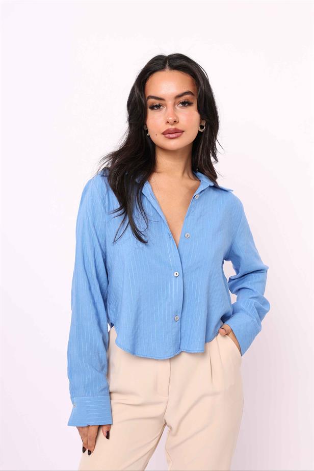 Women's Stripe Detail Crop Shirt Blue - STREETMODE ™