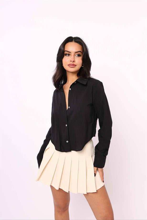 Women's Stripe Detail Crop Shirt Black - STREETMODE ™