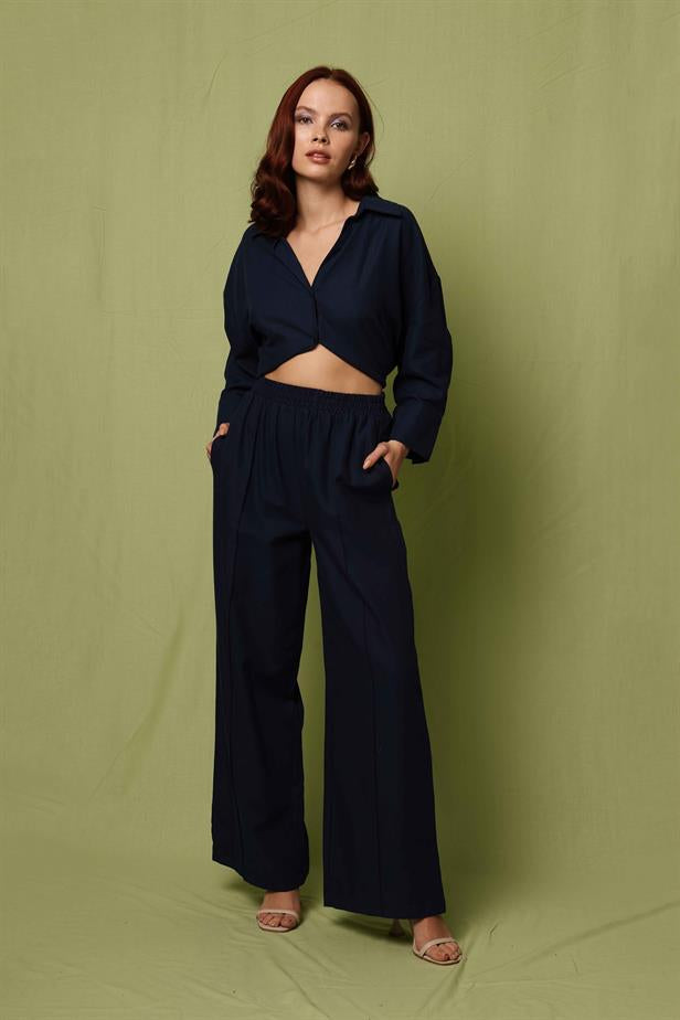 Women's Stitching Detail Trousers Navy Blue - STREETMODE ™