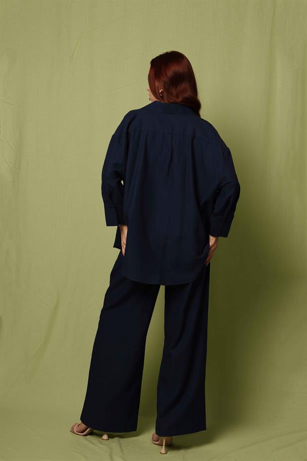 Women's Stitching Detail Trousers Navy Blue - STREETMODE ™