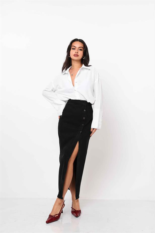 Women's Button Detail Denim Slit Skirt Black