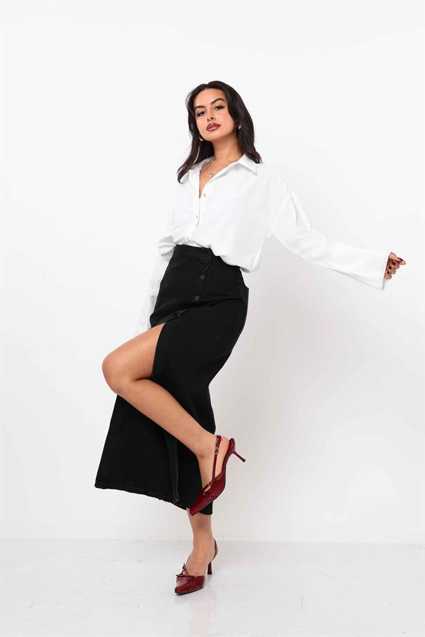 Women's Button Detail Denim Slit Skirt Black - STREETMODE ™