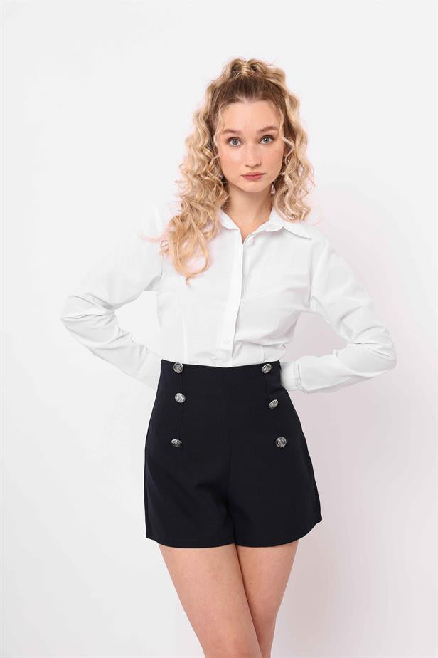 Women's Buttoned Shorts Navy Blue - STREETMODE ™