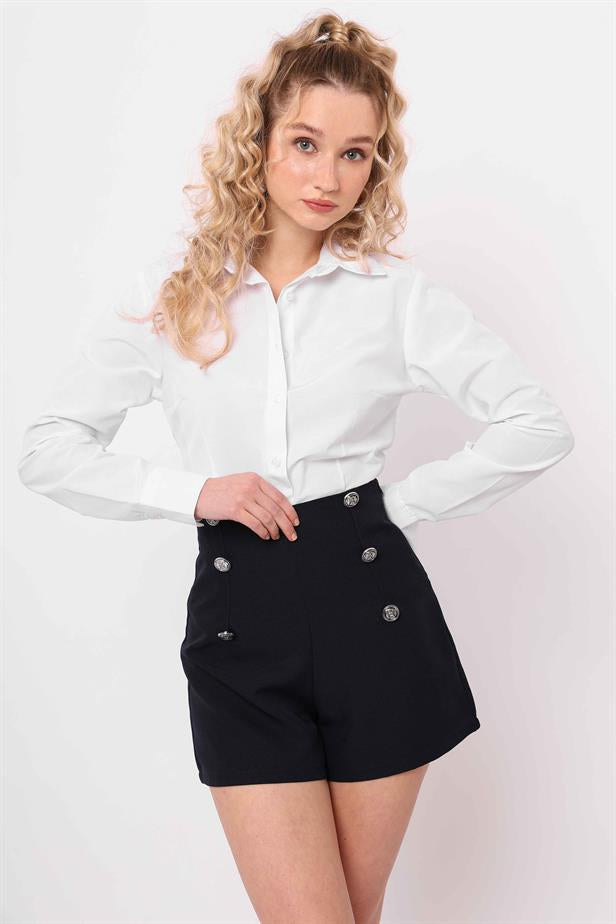 Women's Buttoned Shorts Navy Blue - STREETMODE ™