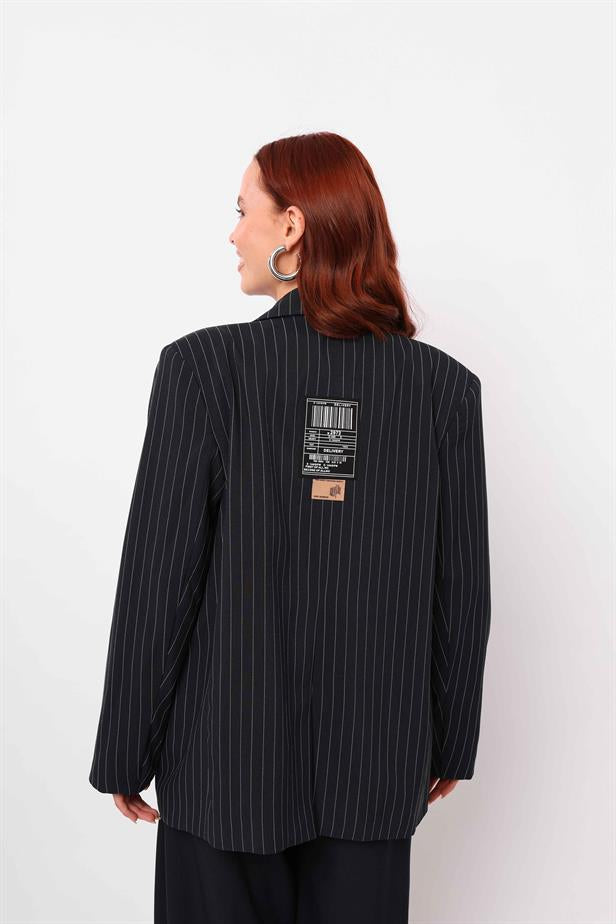 Women's Label Detailed Jacket Navy Blue - STREETMODE ™